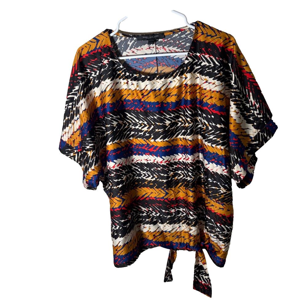 Marc New York Blouse Women's Large Colorful Short Sleeve Tie Round Neck Top
